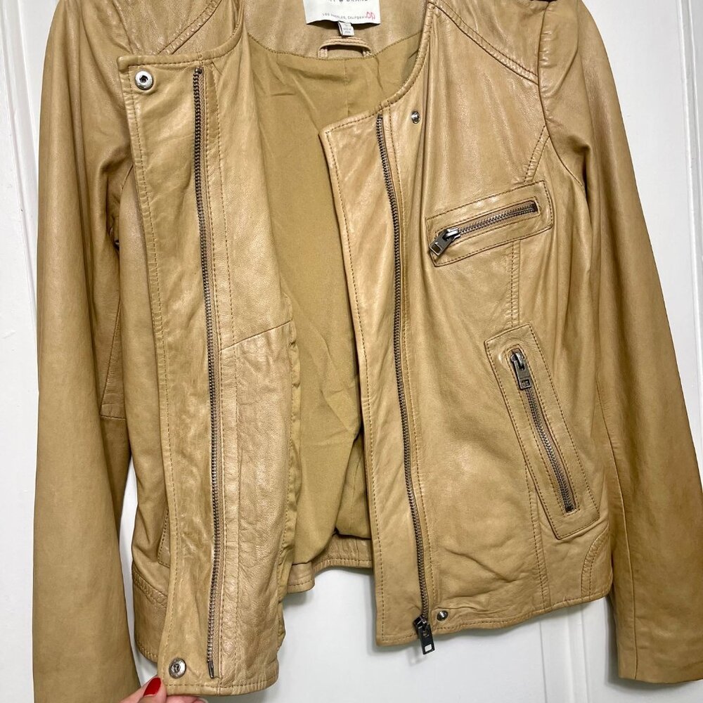 Lucky Brand Tan Leather Moto Jacket W/ Zipper Details Size S - Picture 5 of 12